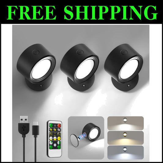 Art Deco LED Wall Lights - 3-Piece Cordless with 360° Rotation & Remote Control