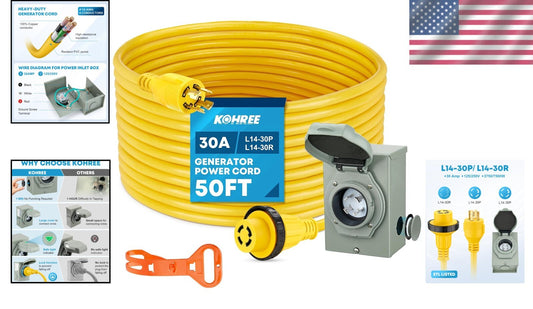 Reliable 30 Amp Generator Cord with Weatherproof Inlet Box & Organizer - 50FT