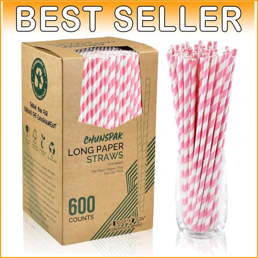 10.25" Pink & White Striped Disposable Paper Straws - 600 Count, Biodegradable