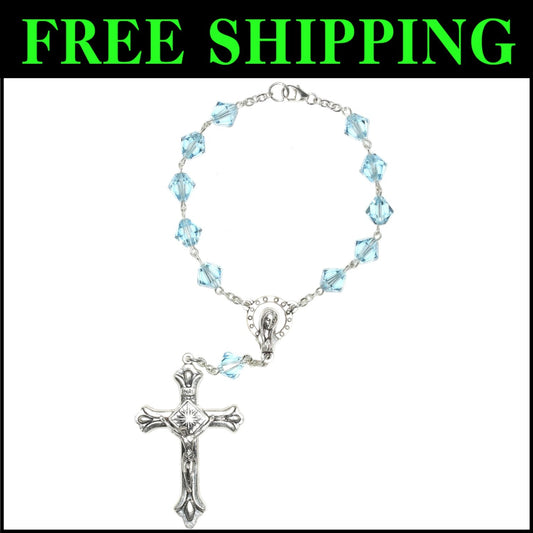 Austrian Crystal Aquamarine Auto Clasp Rosary with Holy Card - March Birthstone