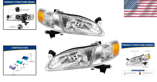 Direct Fit Headlights for 1998-2000 Corolla - Clear Polycarbonate Lens Included