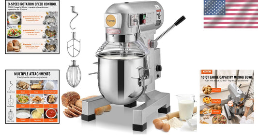 Professional 10Qt Mixer with 3 Adjustable Speeds - Ideal for Commercial Kitchens