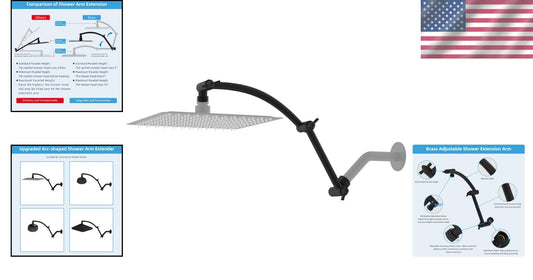 Durable Matte Black 16'' Shower Head Arm - Height Adjustable Brass & Steel Combo