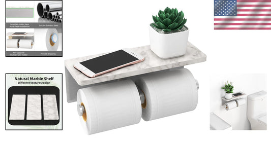 Brushed Nickel Double Toilet Paper Holder with Elegant Marble Shelf - Modern ...