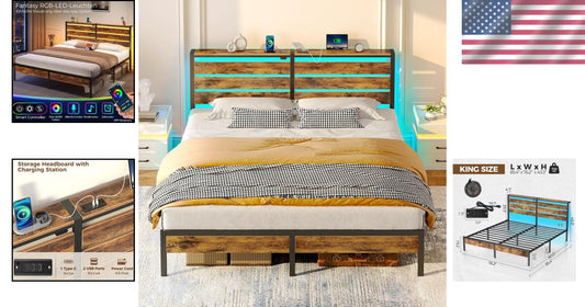 Multi-Functional King Bed Frame with USB Ports, LED Lights & Storage Solutions