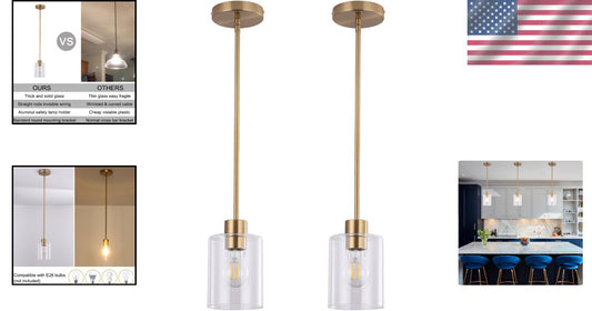 Elegant Brass Glass Pendant Lights for Kitchen Island - 2 Pack Dimmable Fixtures