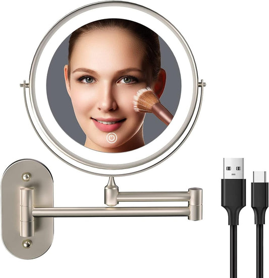 8-Inch Lighted Bathroom Makeup Mirror - Double-Sided 1X & 10X with Touch Dimming