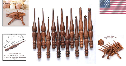 Set of 13 Handmade Rosewood Crochet Hooks - Smooth & Comfortable Knitting Tools
