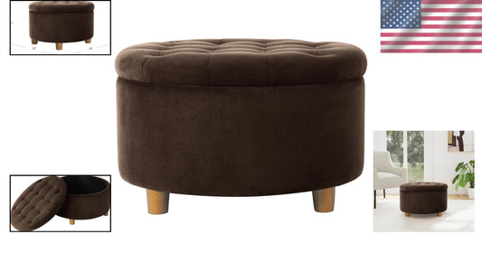 Chic Button Tufted Velvet Ottoman with Honey Oak Legs - Stylish Storage Solution
