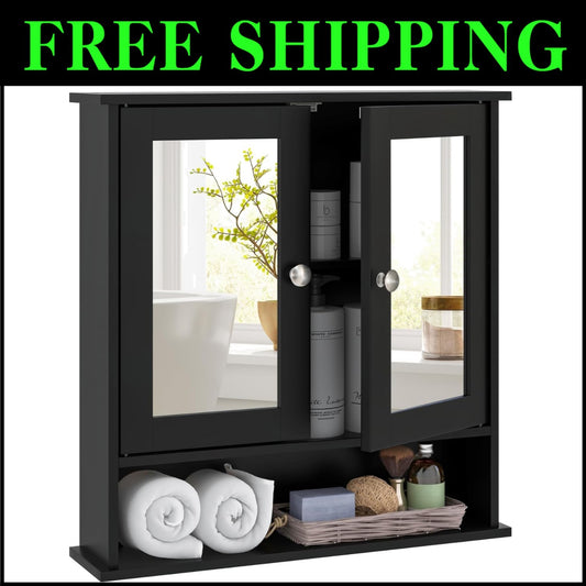 Black Wooden Bathroom Organizer with Double Mirror Doors - Space-Saving Design