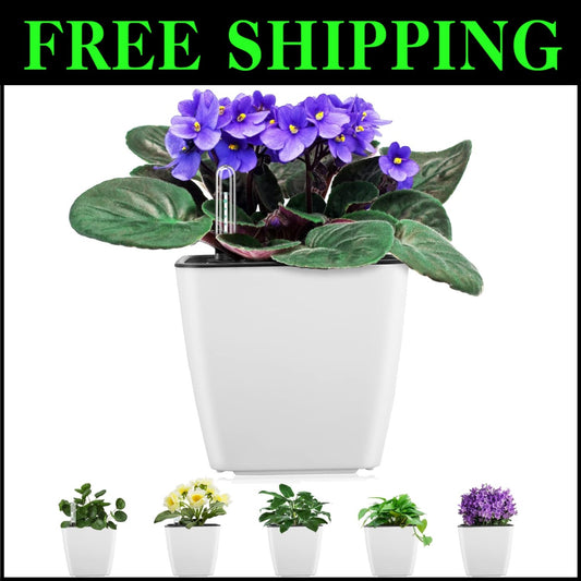 Durable 5 Inch Self-Watering Flower Pots - 6 Pack White with Moisture Indicator