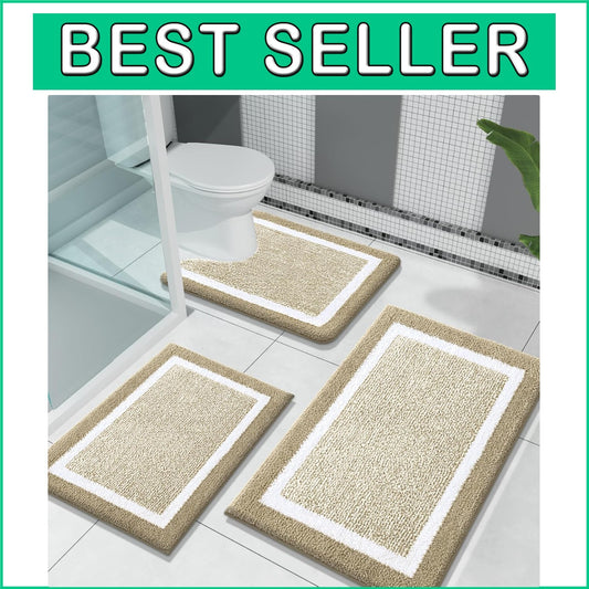 Absorbent Non-Slip 3-Piece Microfiber Bathroom Rugs Set - Elegant Beige Design
