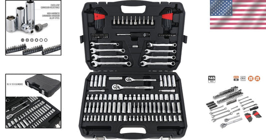 Durable SAE & Metric Mechanic Tool Set with Polished Chrome Finish - 145 Pieces