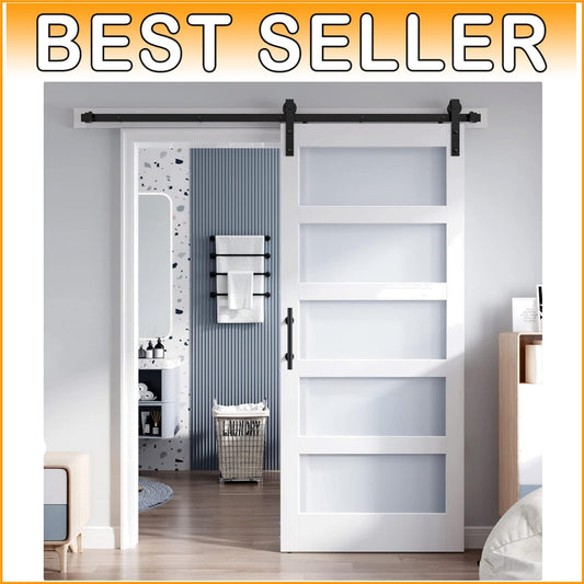34x84 Inch Frosted Glass Sliding Barn Door with 6ft Hardware - White PVC Style