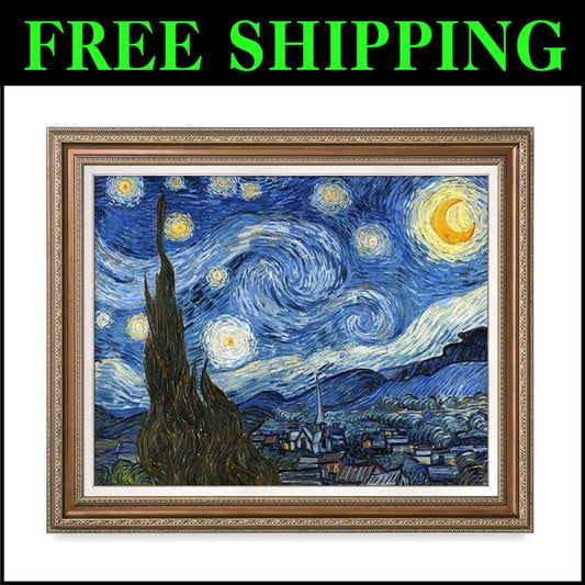 Classic Starry Night Giclee Canvas Art - Framed Size 36x30in - Made in USA