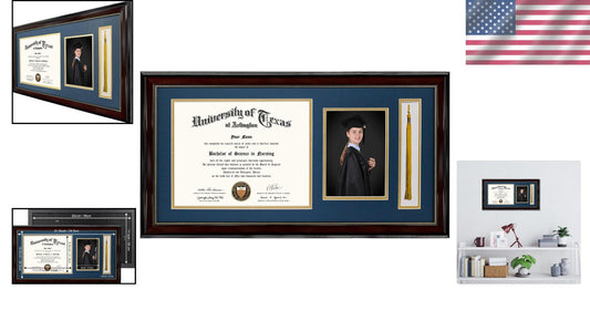 Elegant 11x22 Mahogany Diploma Frame with Tassel Holder and Navy Gold Mat