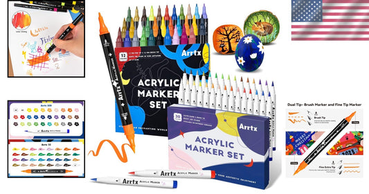 62 Vibrant Acrylic Paint Pens - Dual Tip, Non-Toxic Markers for Creative Crafts