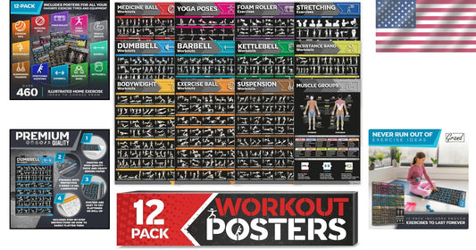 Striking Home Gym Workout Posters - Includes Dumbbell and Yoga Exercise Charts