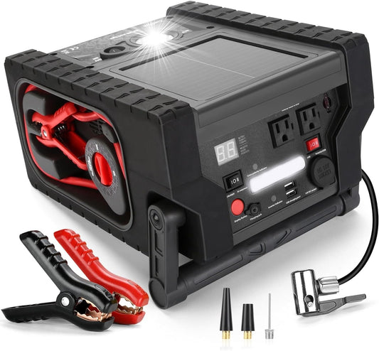 All-in-One Car Jump Starter, Tire Inflator, and Power Source with Solar Recharge