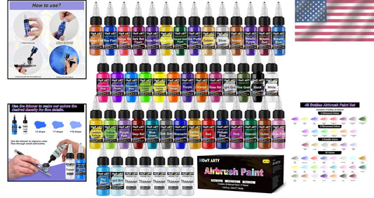 User-Friendly Airbrush Paints - 43 Colors, 5 Thinners & Great for All Surfaces