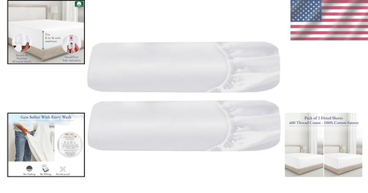 Comfortable King Size Fitted Sheets, 2-Pack 400 TC Cotton Sateen Bright White