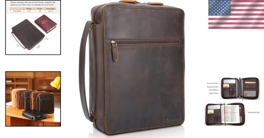 Luxurious Leather Bible Carrying Case Organizer with Zipper Closure - Dark Brown
