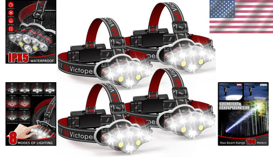 8 LED Rechargeable Headlamp Pack - Ultra Bright Waterproof Light for Outdoors