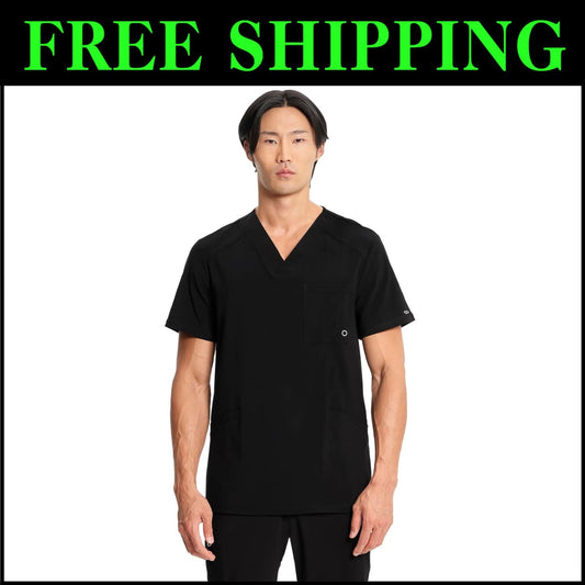 Stylish V-Neck Scrub Top for Men with Chest Pocket and Knit Back Panels