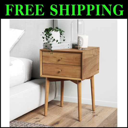 Stylish Mid-Century End Table with Storage Drawers & Vintage Brass Hardware