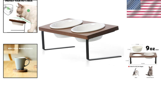 No-Mess Elevated Ceramic Bowls for Cats and Small Dogs - Natural Walnut Stand