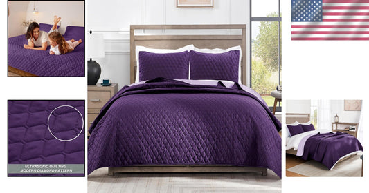 Reversible King Size Quilt Set - Lightweight & Stylish Deep Purple/Lilac