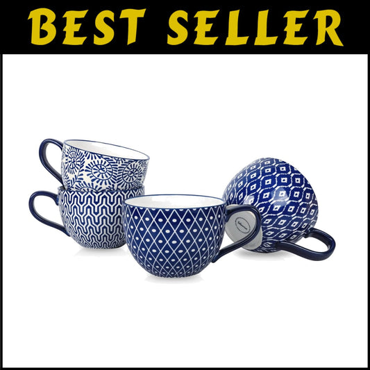 Elegant 24 Oz Jumbo Coffee Mug Set of 4 - Vintage Blue Ceramic with Large Handle