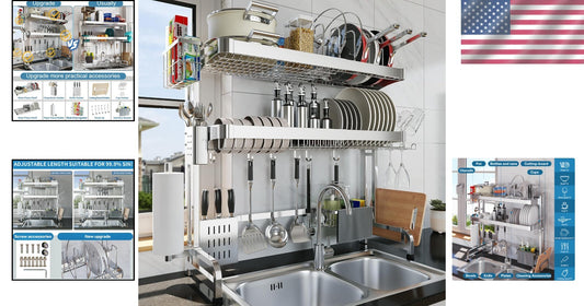 3-Tier Adjustable Over Sink Dish Drying Rack - Full Stainless Steel Storage