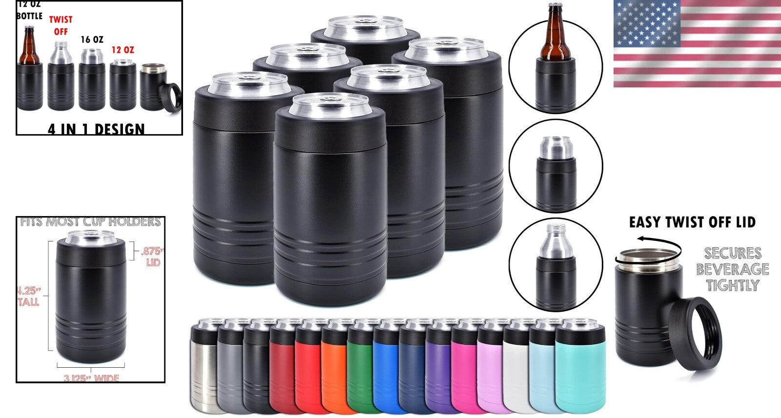 Double Wall Insulated Beverage Holders - 12 oz Can & 16 oz Bottle, 6 Pack
