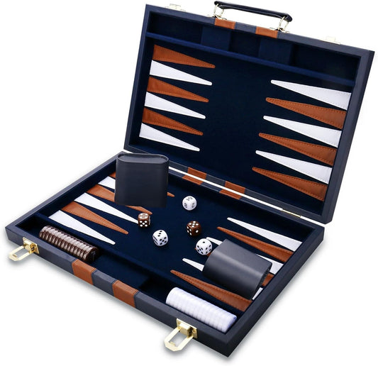 Premium Leather Backgammon Set - Classic 15-Inch Portable Game in Navy