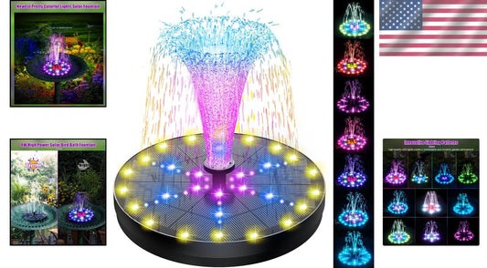 Solar-Powered Fountain with 60 Colorful LEDs, 7 Water Styles & Anti-Drift Fixers
