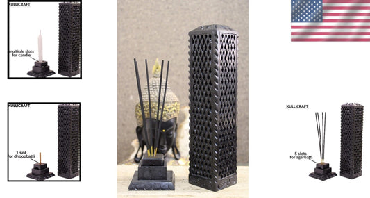 Multi-Purpose Black Soapstone Incense Holder & Tea Light Burner - 3x3x11 Inches