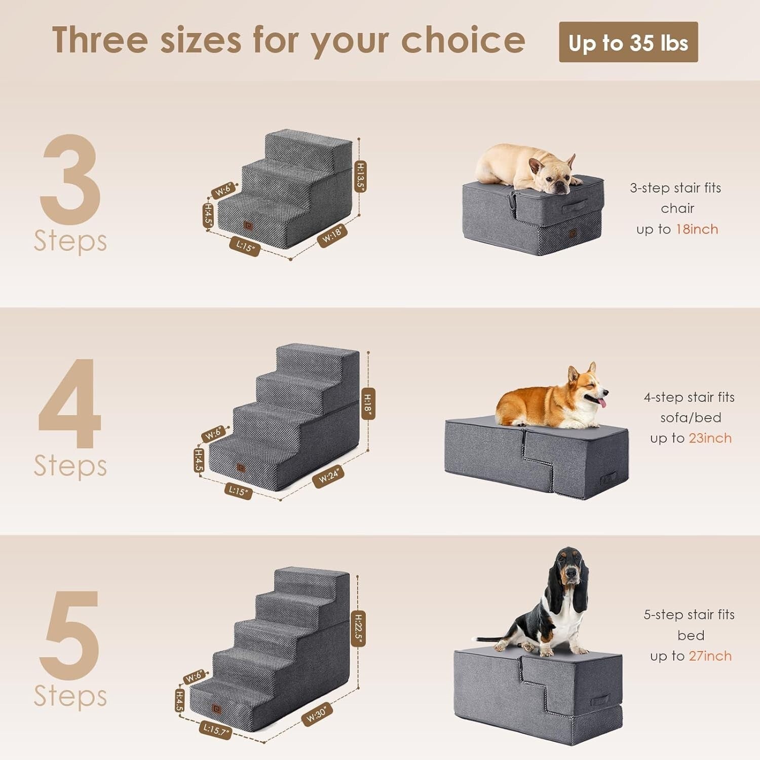 Foldable Dog Stairs Ramp for Small Pets - Non-Slip 3-Step Design in Grey