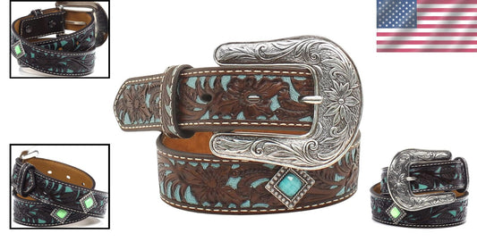 Comfortable Fit Girls' Leather Belt with Diamond Turquoise Conchos - Sizes 18-28