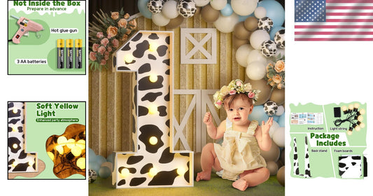 3ft Cow Marquee Numbers with Lights - Perfect for Kids' Birthday Celebrations