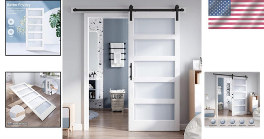 34x84 Inch Frosted Glass Sliding Barn Door with 6ft Hardware - White PVC Style