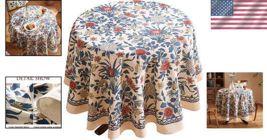 Designer Round Tablecloth with Leaves and Flowers Pattern - 55" All-Season Use