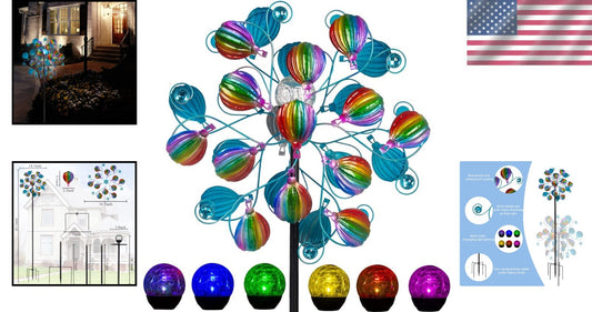 Solar-Powered Hot Air Balloon Kinetic Spinner with LED Lights for Gardens