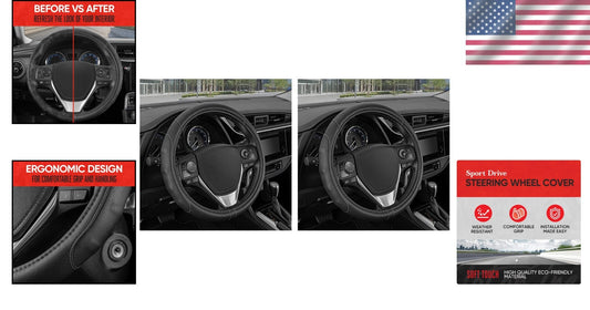 Durable 14-Inch Black Leather Steering Wheel Cover with Stylish Gray Stitching