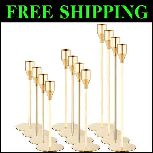 Multi-Height French Gold Candle Holders Set of 12 - Ideal for Home and Events