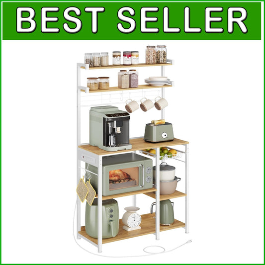 35.4 Inch Microwave Stand with 4 AC Outlets - Sturdy Kitchen Organizer in Oak