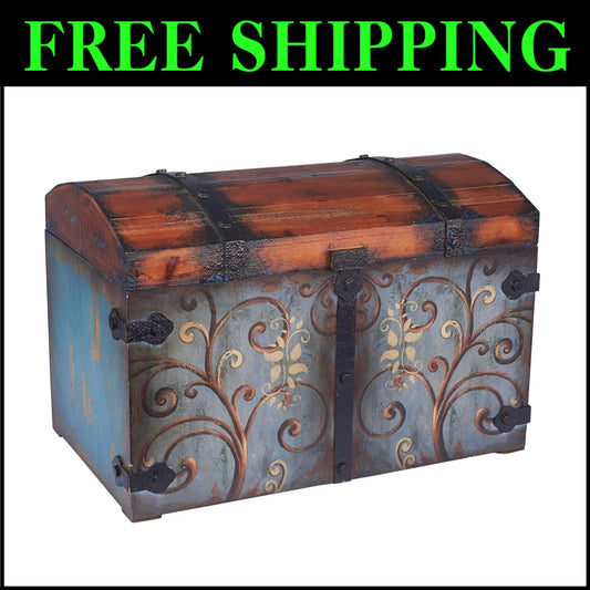 Large Vintage Floral Storage Trunk, Blue/Brown Wood, Lockable & Water Resistant