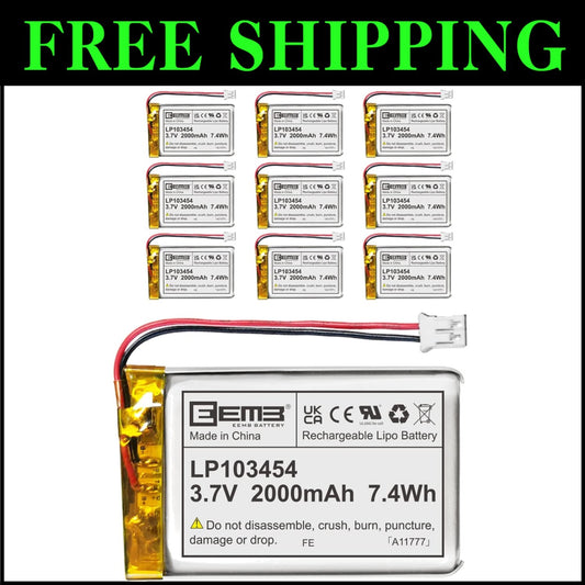 10-Pack 3.7V 2000mAh Lithium Polymer Battery with JST Connector - Reliable Power