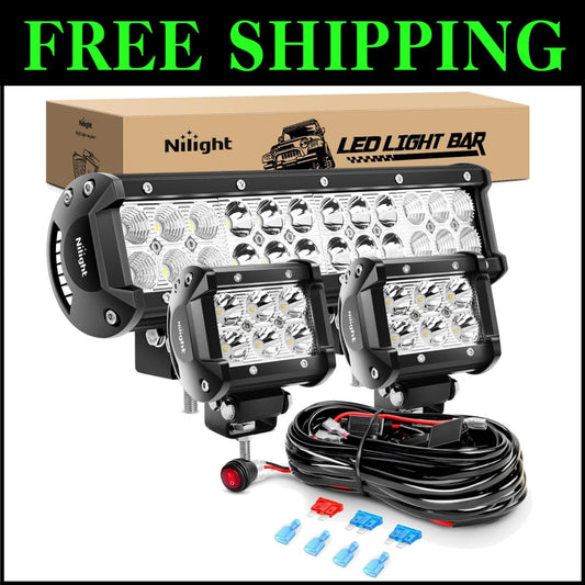 72W 12 Inch LED Light Bar with 2PCS 18W Flood LED Fog Lights - Waterproof Combo