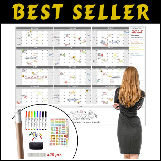 Jumbo 48"x58" Dry Erase Wall Calendar - Undated Yearly Planner with Markers